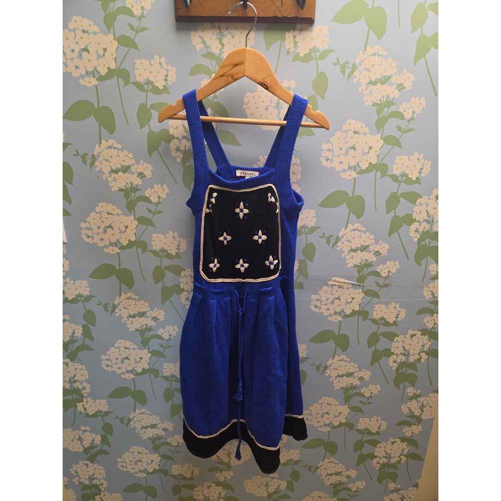 Caramel London Girls Blue Pima Cotton Knit Embroidered Pinafore Dress Size 12Y